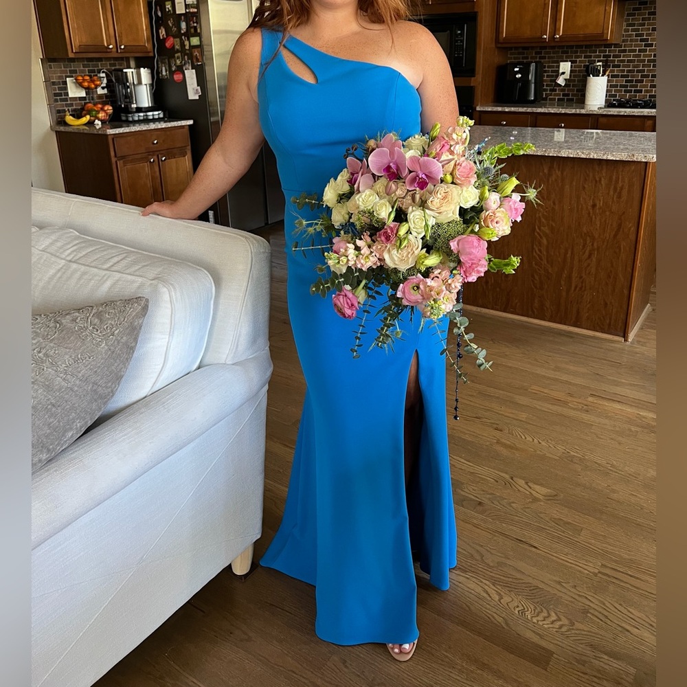 Xscape Vibrant Blue One-Shoulder Gown